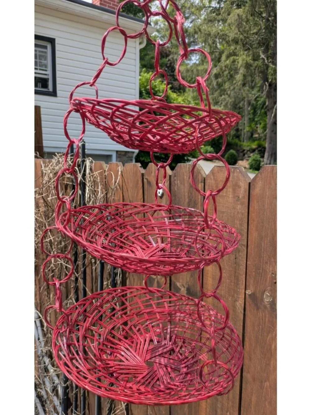Vintage Red Wicker Hanging Three 3 Tier Basket Boho Plant Fruit 22